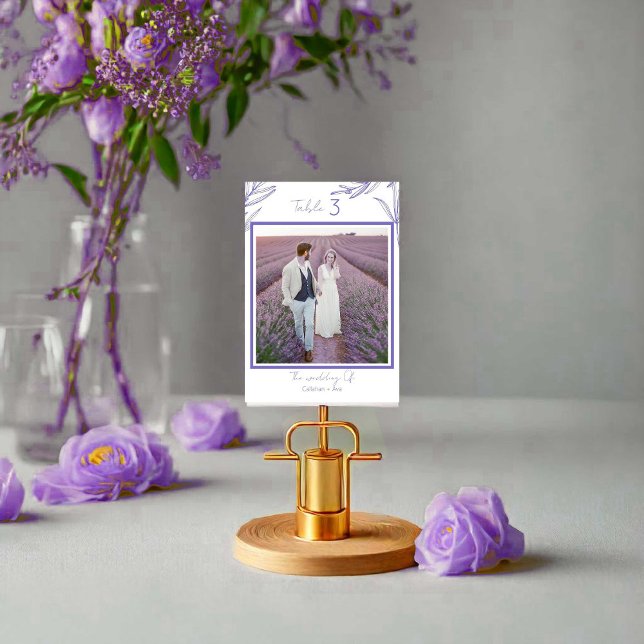 Minimalist Floral Couple photo with number Table Number (Minimalist Floral Couple photo with number Table Number balancing on gold card holder next to flower)
