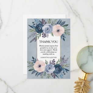 minimalist floral dusty blue wedding thank you card