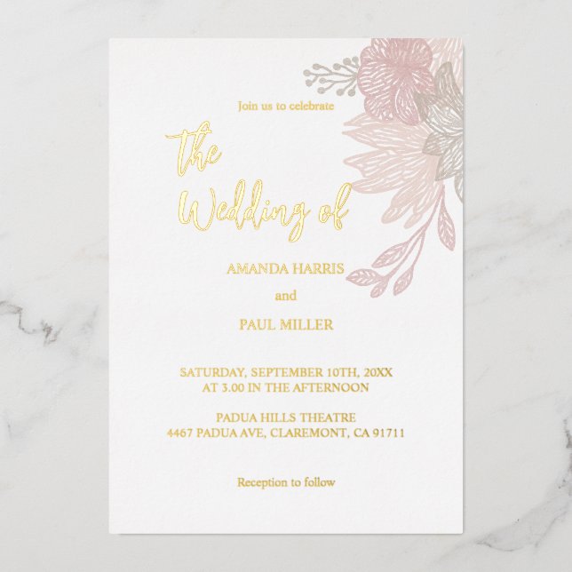 Minimalist Floral Foil Wedding Invitation (Front)
