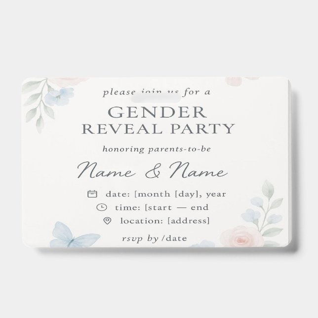 Minimalist Floral Gender Reveal Invitation ID Badge (Front)