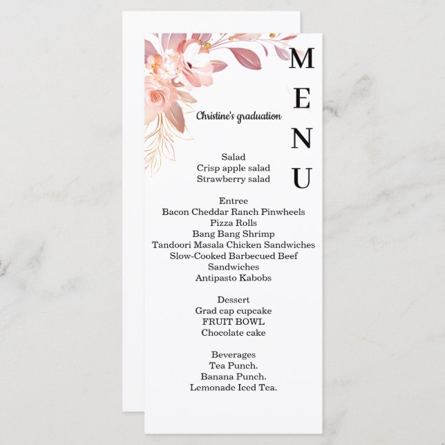 Minimalist floral Graduation dinner menu, Menu (Front/Back)