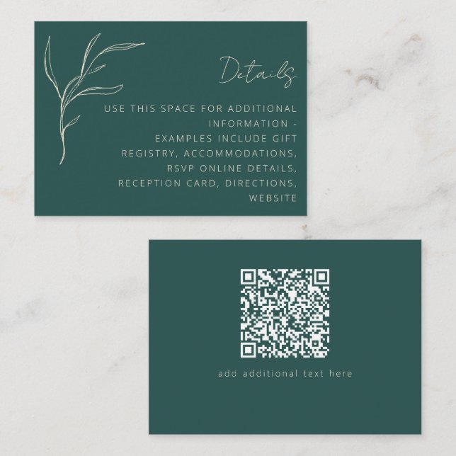 Minimalist Floral Green Wedding Details QR Code Enclosure Card (Front/Back)