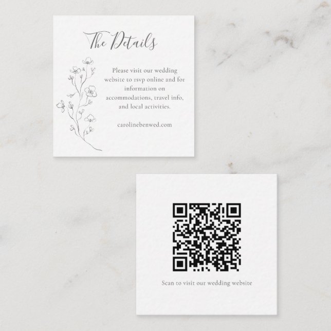 Minimalist Floral Line Art Wedding Details QR Code Enclosure Card (Front/Back)