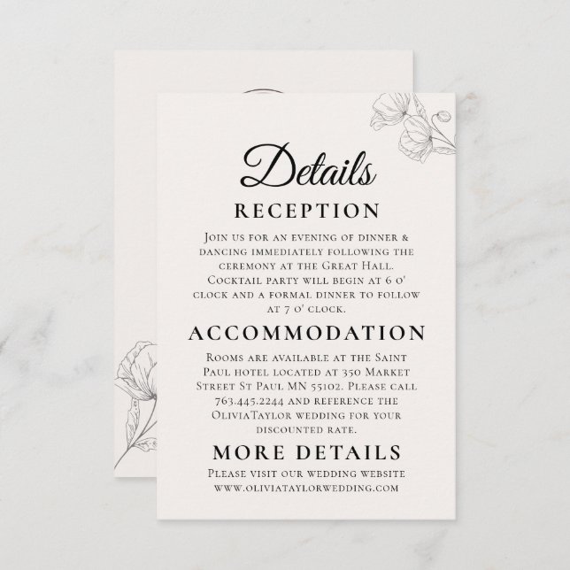 Minimalist Floral Line Art Wedding Enclosure Card  (Front/Back)
