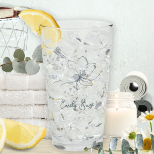 Minimalist Floral Line Art Zen Coastal Blue Glass