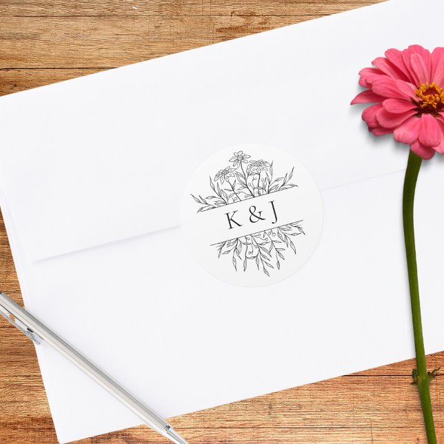Minimalist Floral Monogram Classic Round Sticker (Creator Uploaded)