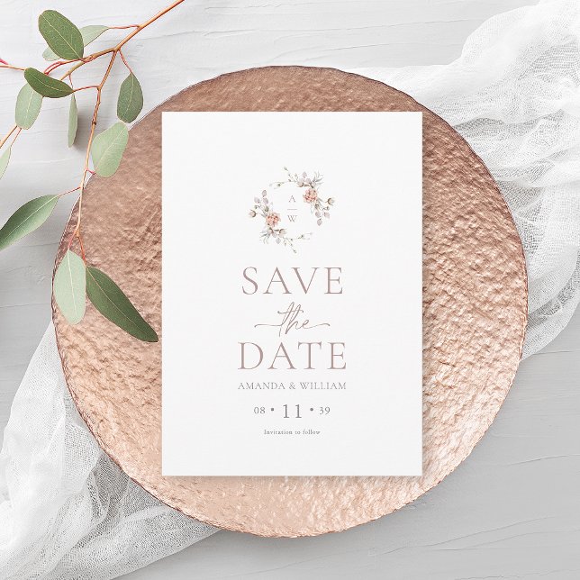Minimalist Floral Monogram Save the Date Card (Creator Uploaded)