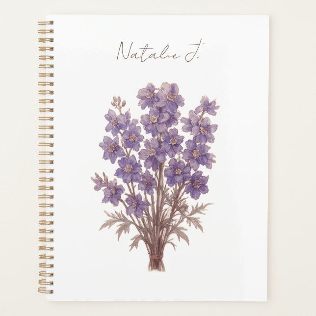 Minimalist Floral Planner, Personalised Larkspur Planner (Front)
