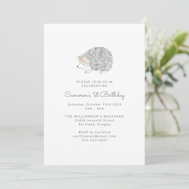 Minimalist Floral Porcupine Cute 1st Birthday Invitation (Standing Front)