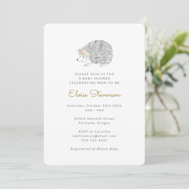 Minimalist Floral Porcupine Cute Baby Shower  Invitation (Standing Front)