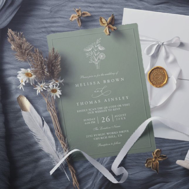 Minimalist Floral Sage Green Chic QR Code Wedding Invitation (Creator Uploaded)