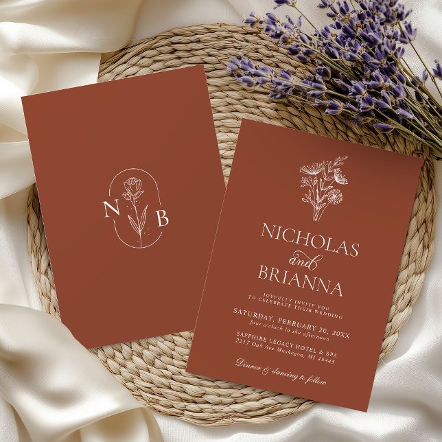 Minimalist Floral Terracotta Burnt Orange Wedding Invitation (Creator Uploaded)