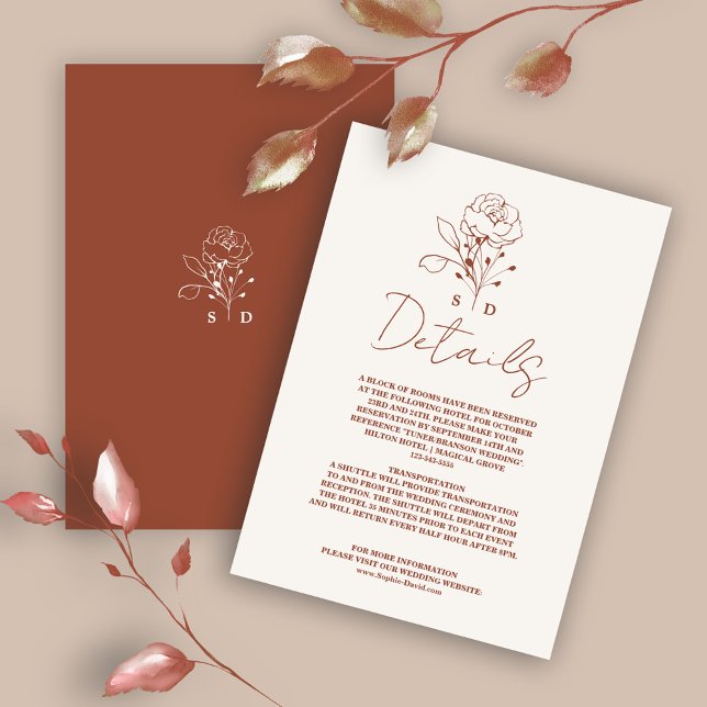 Minimalist Floral Terracotta Monogram Wedding  Enclosure Card (wedding details, terracotta burnt orange information, wedding accommodations enclosure card)