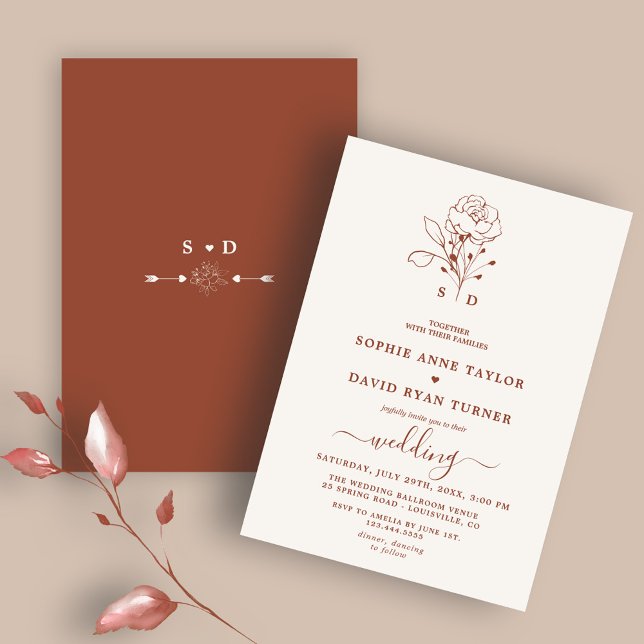 Minimalist Floral Terracotta Monogram Wedding Invitation (trendy terracotta burnt orange wedding, elegant modern terracotta wedding calligraphy invitation, )