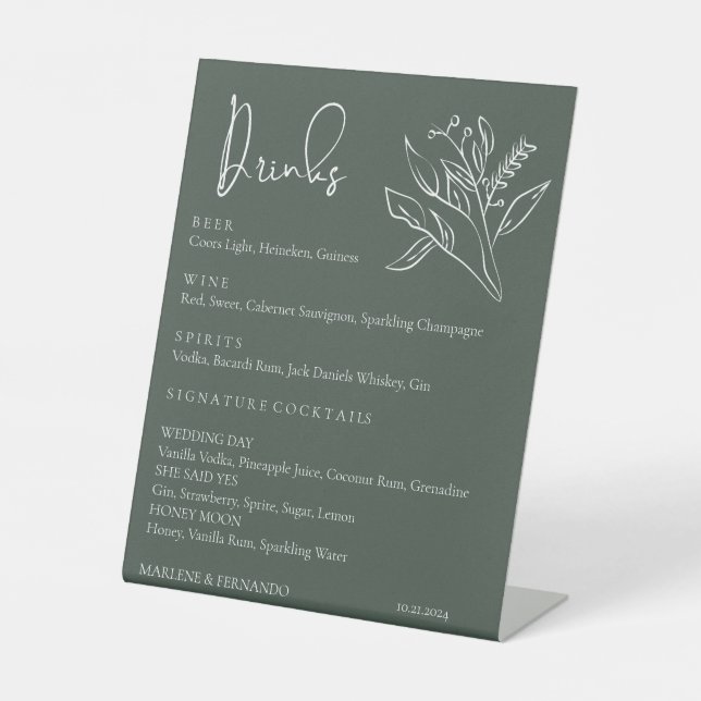 Minimalist Floral Wedding Drinks Bar Menu Pedestal Sign (Front)