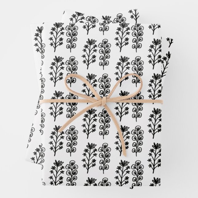 Minimalist Floral Whimsical Black & White Cute Wrapping Paper Sheet (In situ)