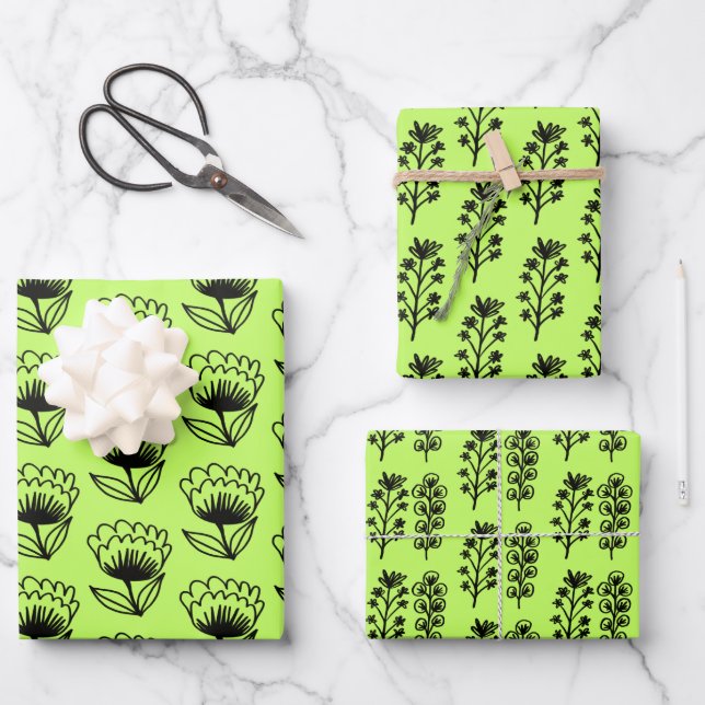 Minimalist Floral Whimsical Bold Neon Green Cute Wrapping Paper Sheet (Front)