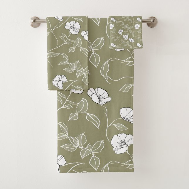 Minimalist Floral White Line Art Olive Green Bath Towel Set (Insitu)