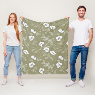Minimalist Floral White Line Art Olive Green Fleece Blanket