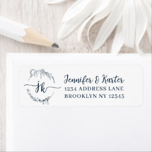 Minimalist Floral Wreath Navy Blue Monogram