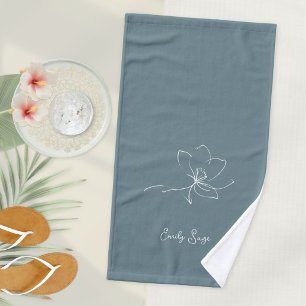 Minimalist Floral Zen Line Art Ivory Coastal Blue Hand Towel