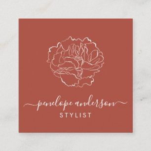 Minimalist Flower Line Art Typography Terracotta Square Business Card