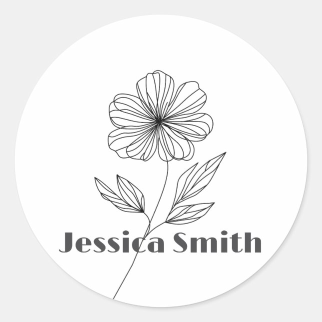 Minimalist Flower Line Drawing custom name Classic Round Sticker (Front)