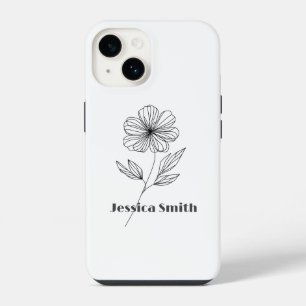 Minimalist Flower Line Drawing custom name iPhone 14 Case