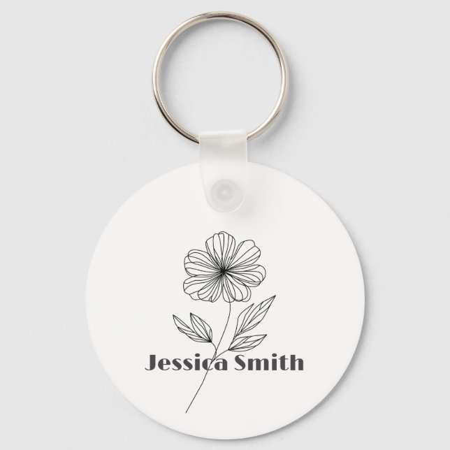 Minimalist Flower Line Drawing custom name Key Ring (Front)