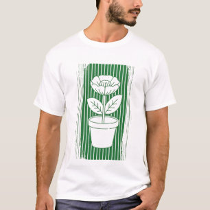 Minimalist Flower Pot Linework Green Retro Art T-Shirt