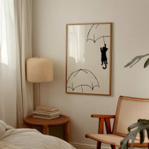 Minimalist Flying Black Cat with Umbrella Modern
