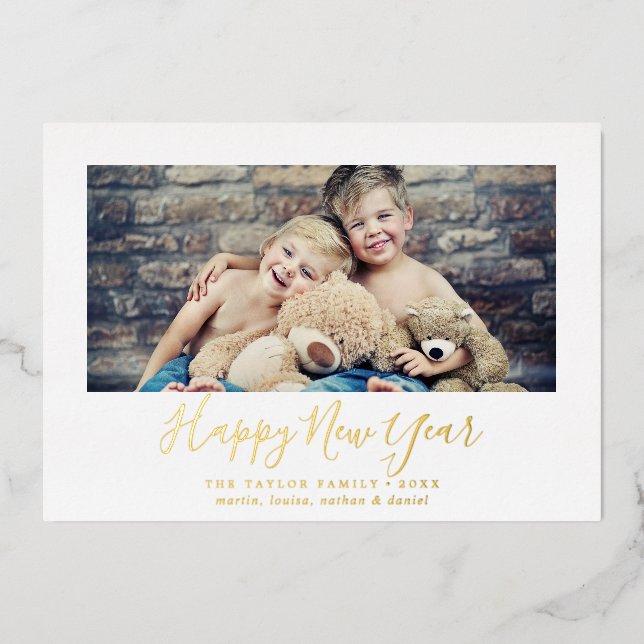 Minimalist Foil Happy New Year Landscape Photo Foil Holiday Card (Front)