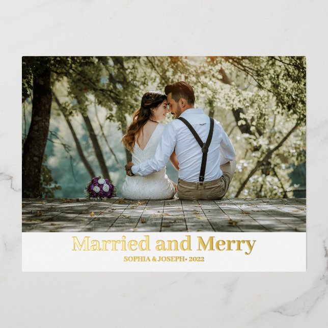 Minimalist Foil Merry and Married Newlywed Photo Holiday Postcard (Front)