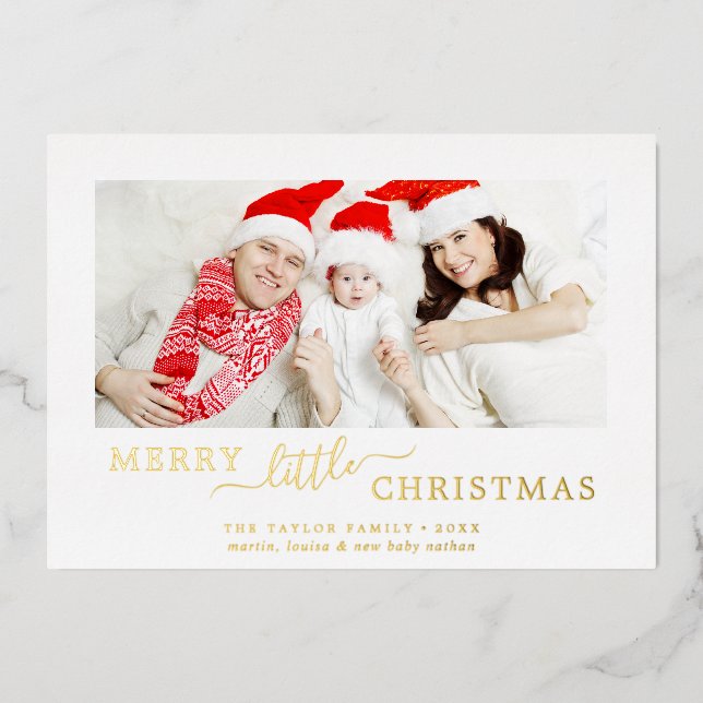 Minimalist Foil Merry Little Christmas Baby Birth Holiday Card (Front)