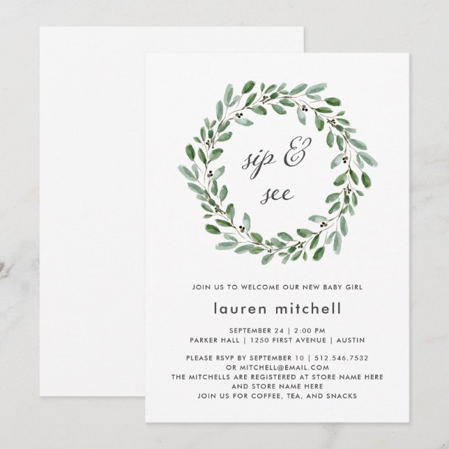 Minimalist Foliage | Baby Sip and See Invitation (Front/Back)