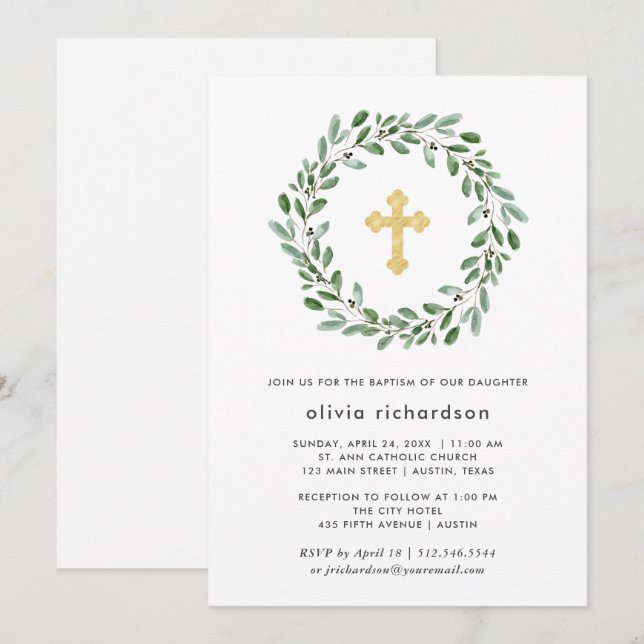 Minimalist Foliage | Baptism with Gold Cross Invitation (Front/Back)