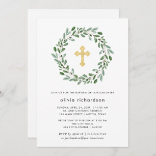 Minimalist Foliage   Baptism with Gold Cross Invitation