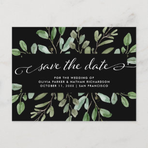 Minimalist Foliage Black   Wedding Save the Date Announcement Postcard