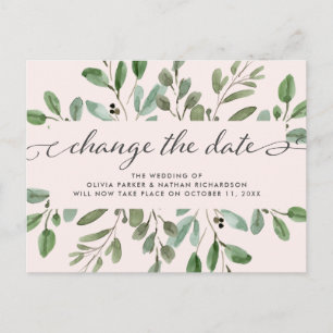 Minimalist Foliage Blush Wedding Change the Date Announcement Postcard