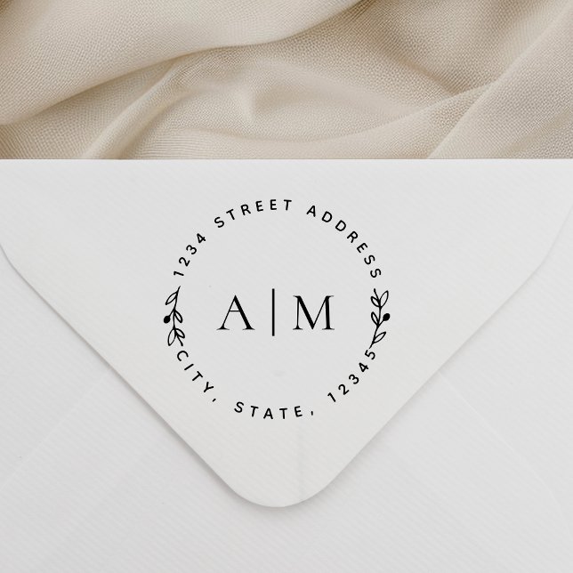 Minimalist Foliage Couple Initials Round Address Rubber Stamp (Creator Uploaded)