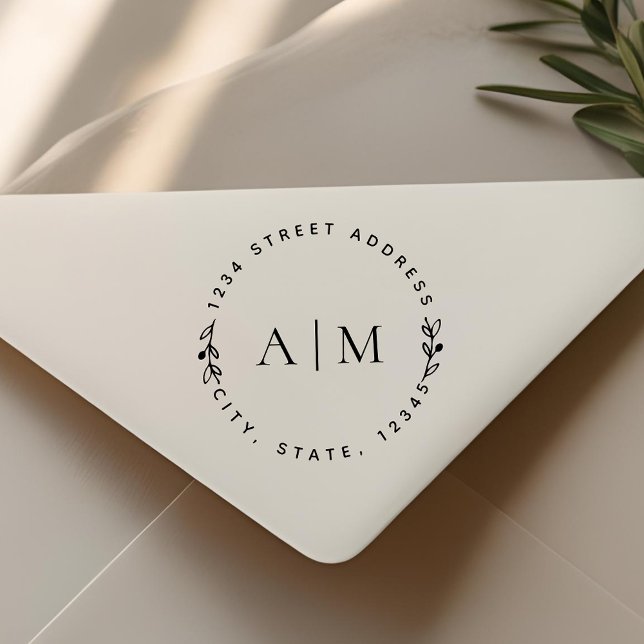 Minimalist Foliage Couple Initials Round Address Self-inking Stamp (Creator Uploaded)