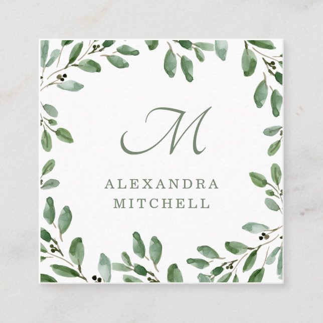 Minimalist Foliage | Monogram Square Business Card (Front)