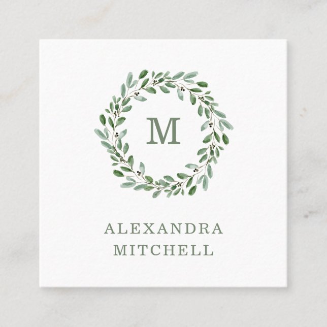 Minimalist Foliage | Monogram Square Business Card (Front)