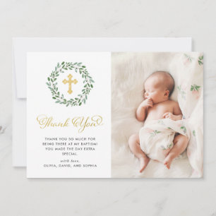 Minimalist Foliage   Photo Baptism and Gold Cross Thank You Card