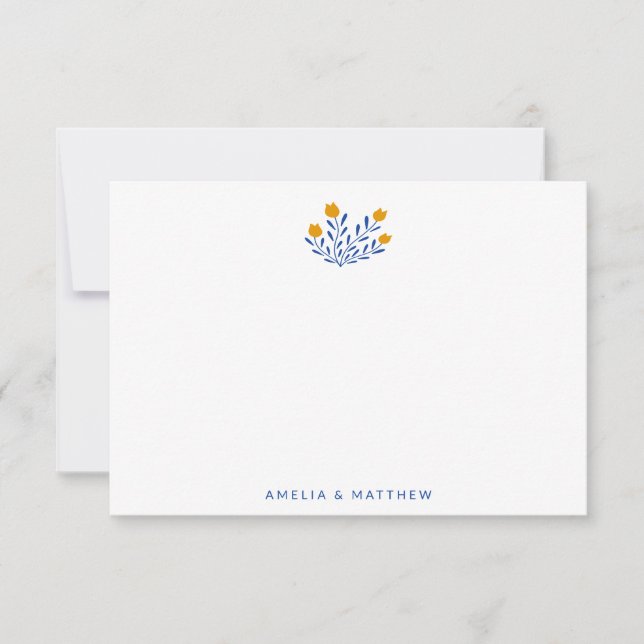 Minimalist Folk Flowers Blue Yellow Wedding Names Thank You Card (Front)