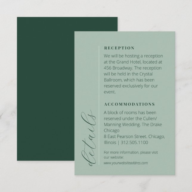 Minimalist Forest Green and Soft Sage Wedding Info Enclosure Card (Front/Back)