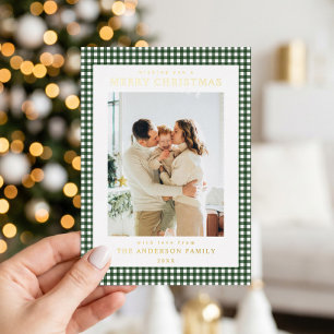 Minimalist Forest Green Gingham Christmas Photo Foil Holiday Card