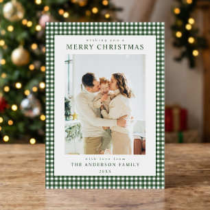Minimalist Forest Green Gingham Christmas Photo Holiday Card