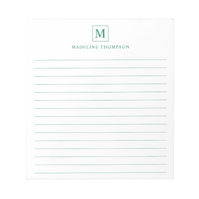 Minimalist Forest Green Monogram Square Lined Notepad (Front)