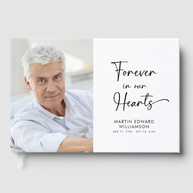 Minimalist Forever Hearts Photo Script Funeral Guest Book (Front)